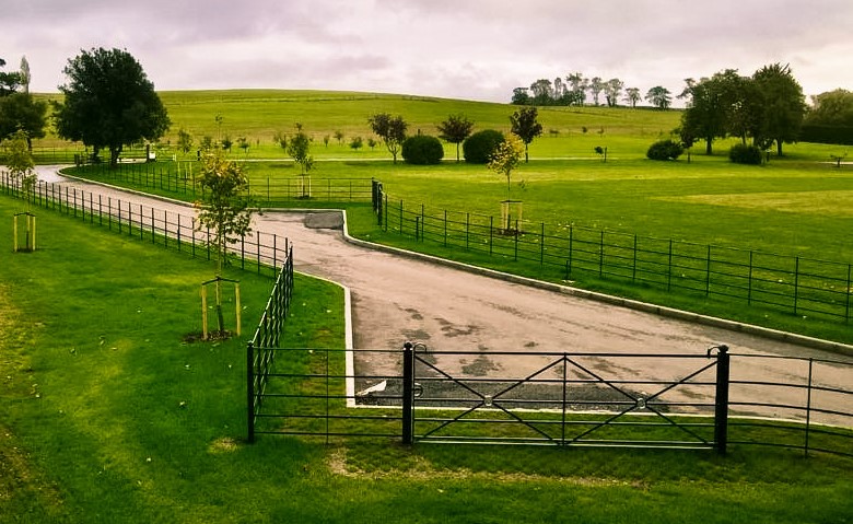 Estate fencing with a gate.